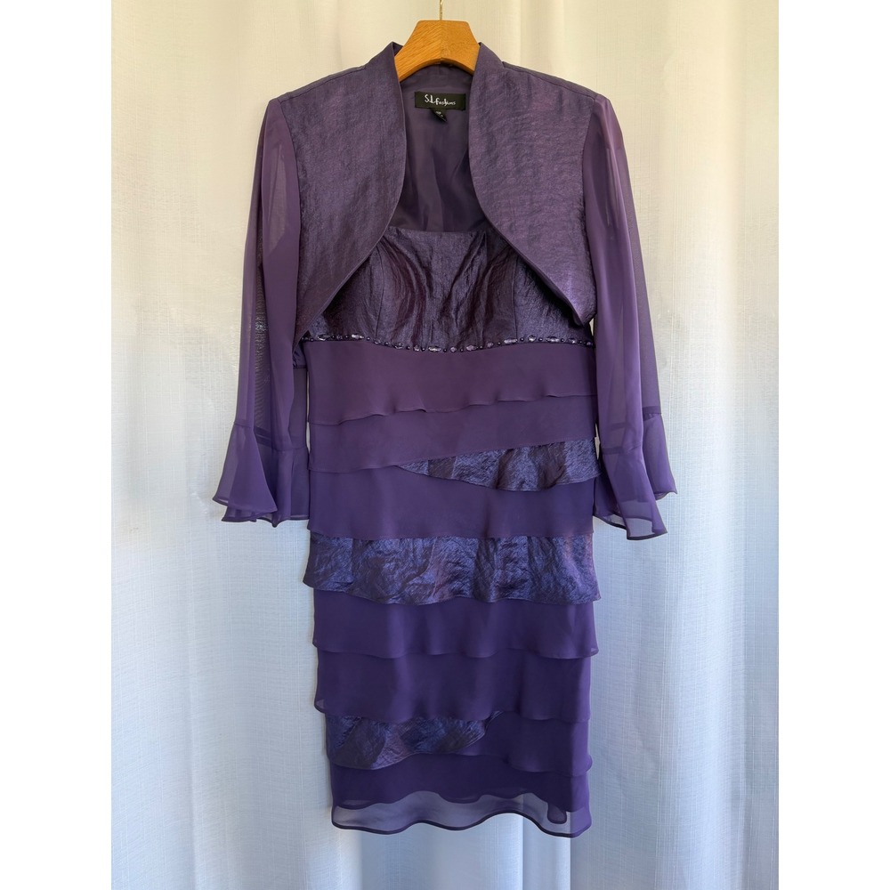 SL Fashions Purple Tiered Beaded Cocktail Dress and Bolero Jacket Set Womens 10P